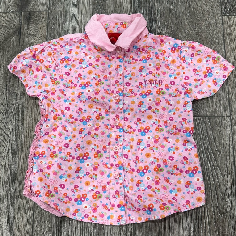 Esprit Pink Floral Button Down Shirt with Ruffles, Size 4T